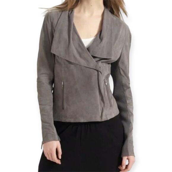 VINCE | XS | Women's Grey Suede Leather Mixed Media Drape Collar Biker Jacket - Picture 1 of 8